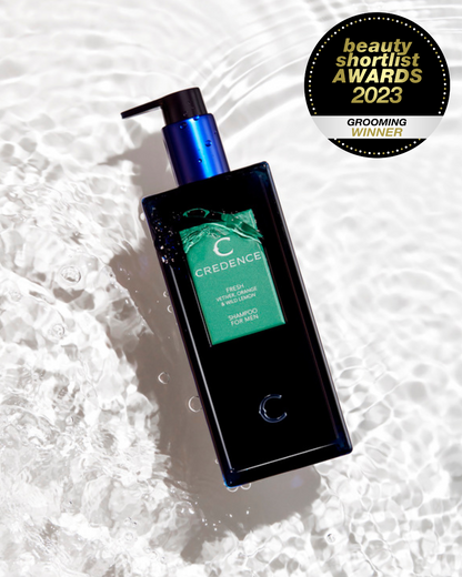 Award winning best mens shampoo Credence Fresh men's shampoo bottle with vetiver orange and wild lemon scent 300ml"