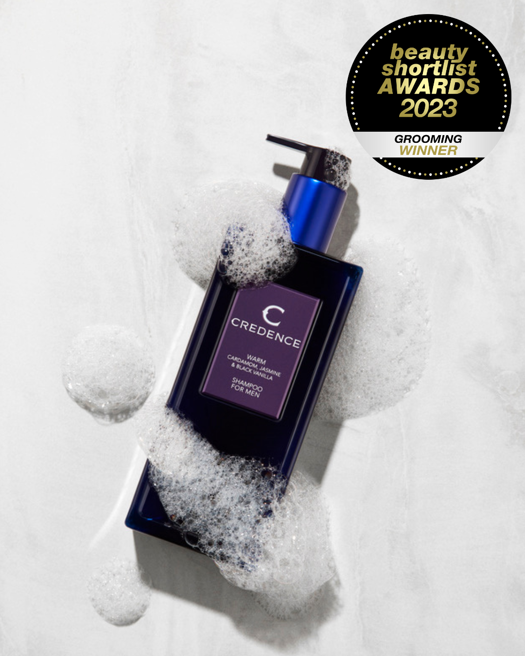 Award winning best mens shampoo Credence Warm men's shampoo bottle with cardamom jasmine and black vanilla scent 300ml