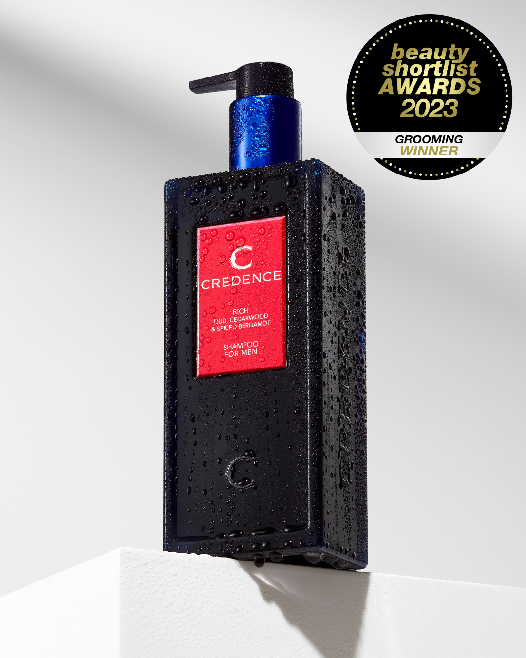 Voted best shampoo for men. "Credence Rich men's shampoo bottle with oud cedarwood and spiced bergamot scent 300ml"