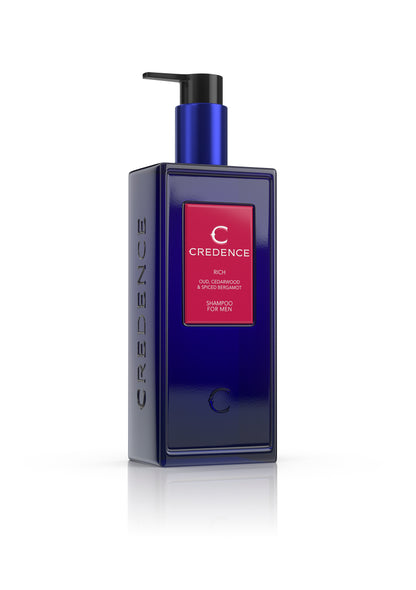 "Credence Rich men's shampoo bottle with oud cedarwood and spiced bergamot scent 300ml"