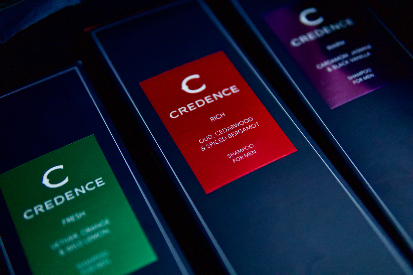 Credence luxury gift set with three 300ml men's shampoo bottles RICH FRESH and WARM 