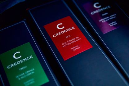 Credence luxury gift set with three 300ml men's shampoo bottles RICH FRESH and WARM 