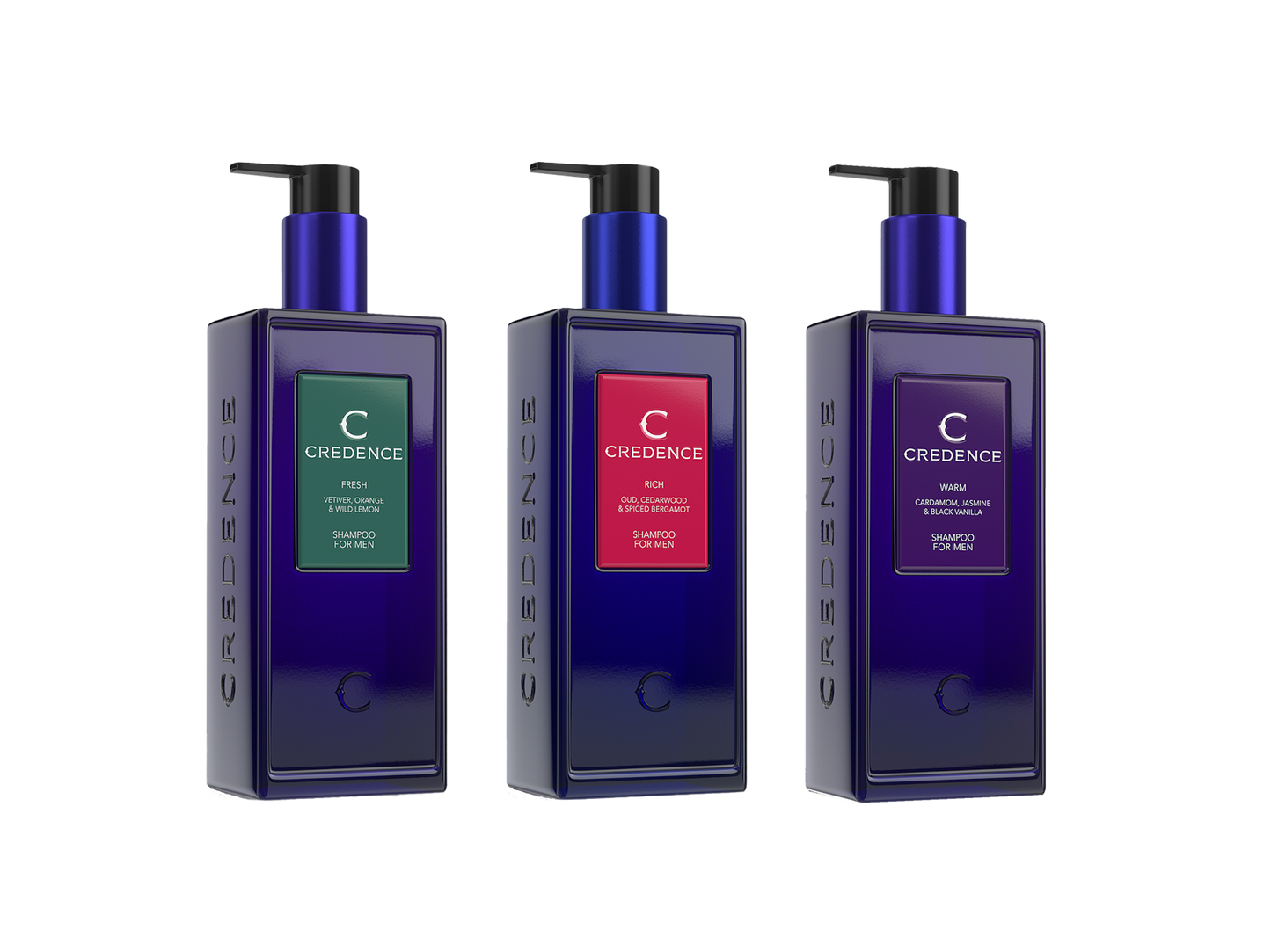AWARD WINNING Credence luxury gift set with three 300ml men's shampoo bottles RICH , FRESH and WARM