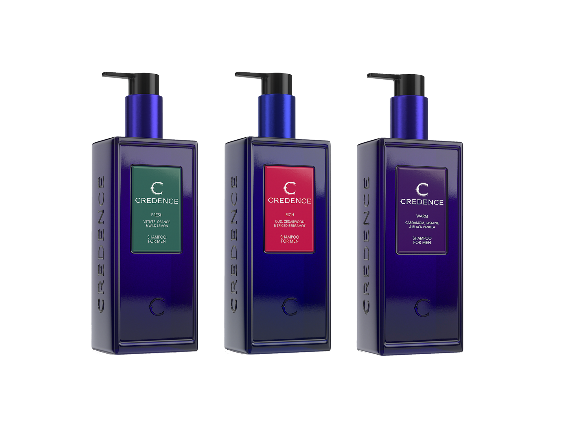 AWARD WINNING Credence luxury gift set with three 300ml men's shampoo bottles RICH , FRESH and WARM