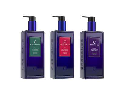AWARD WINNING Credence luxury gift set with three 300ml men's shampoo bottles RICH , FRESH and WARM