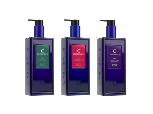 AWARD WINNING Credence luxury gift set with three 300ml men's shampoo bottles RICH , FRESH and WARM