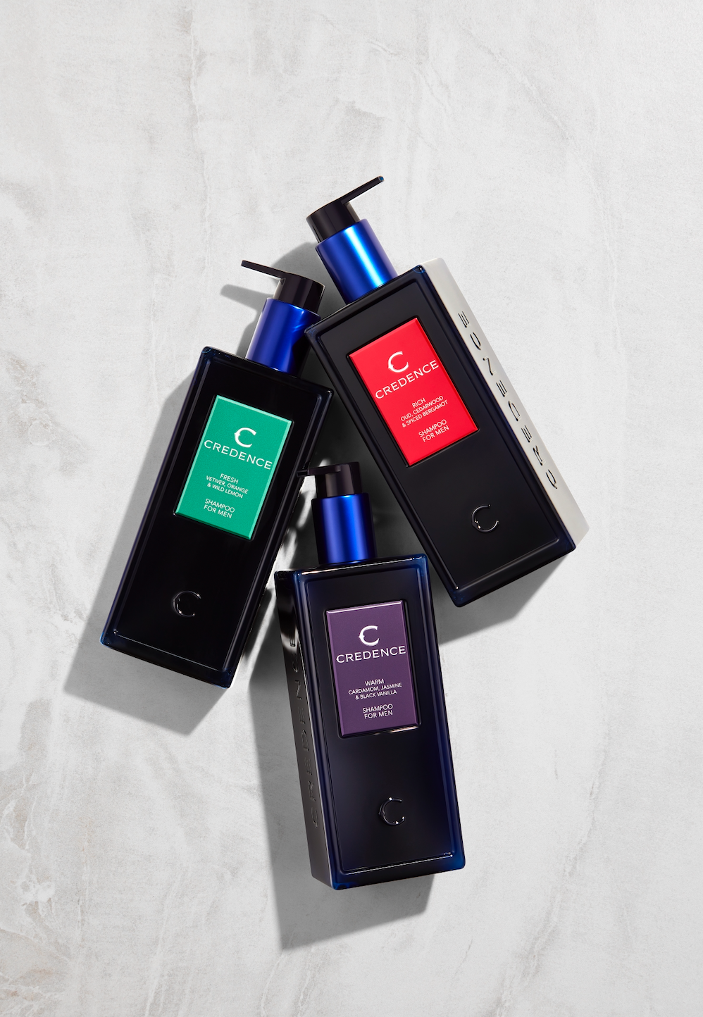 Award winning Credence men's shampoo bottle available in 3 captivating scents each 300ml"